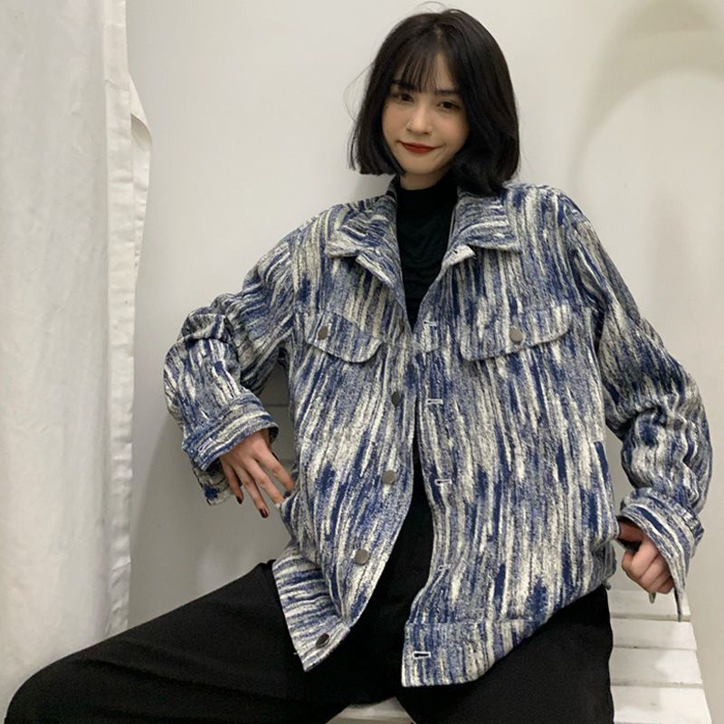 Jaket Denim Wanita Mahasiswa Longgar Retro Tie-Dye Jaket Wanita