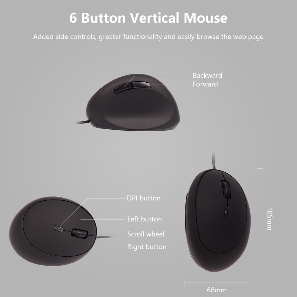 Mouse Vertikal Kabel Hitam Mouse Vertikal Sangat Akurat Sensor Gaming Yang Dapat Disesuaikan DPI 800-1200-1600 Mouse