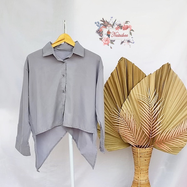 Kemeja Crop Wanita Lengan Panjang Atasan Blouse Lengan Kancing Model Korean Style Silang Belakang Polos Busui Friendly Kekinian