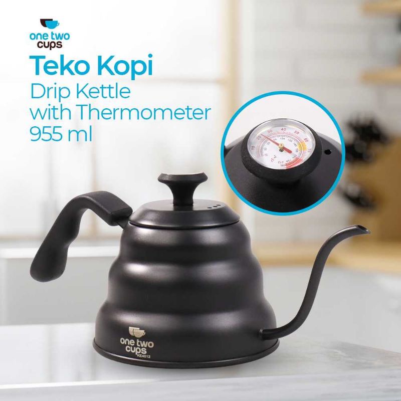 One Two Cups Teko Kopi coffee Maker Pot Drip Kettle with Thermometer - KE4012 hitam 955ml