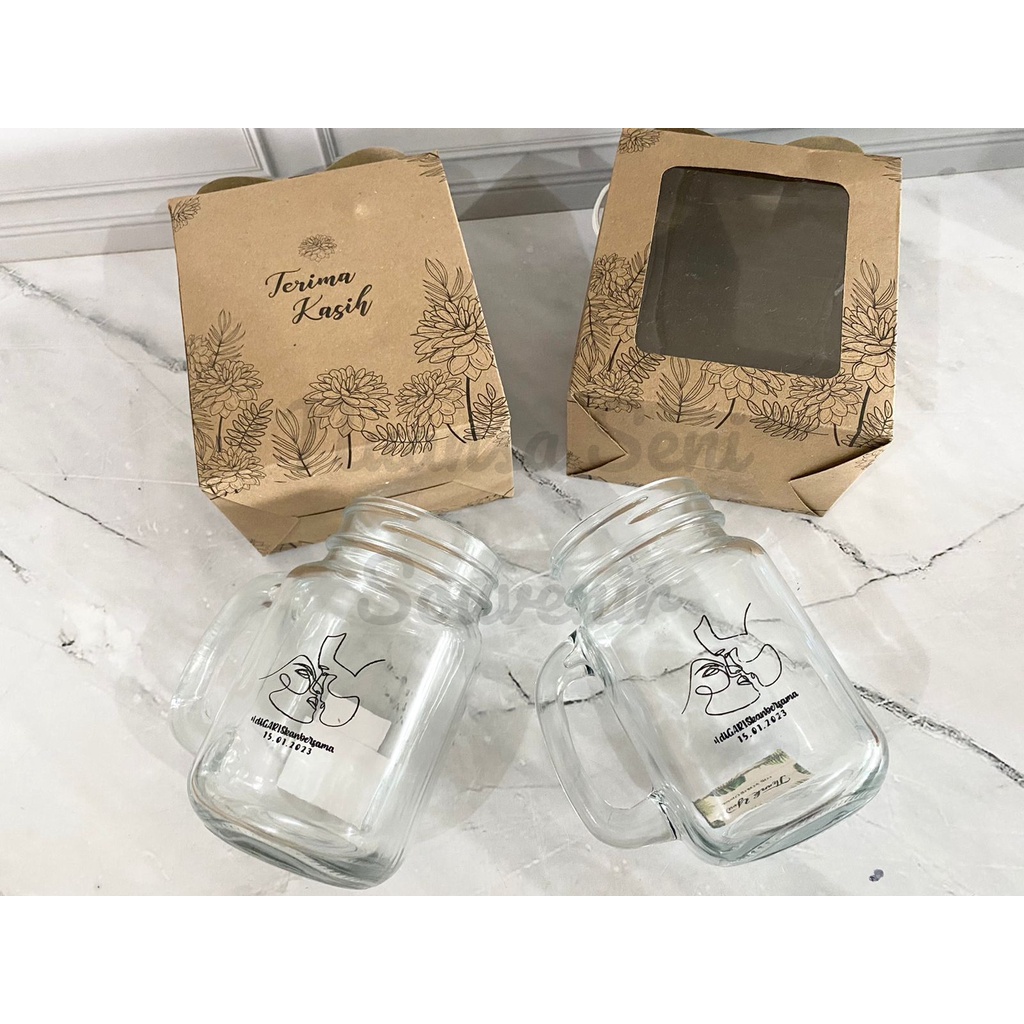 Souvenir Gelas Drinking Jar Mug Cafe Gelas Jus Cangkir Gagang Kaca Sablon Kemas Paper Box