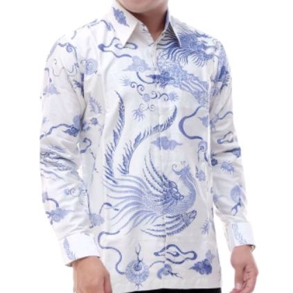 kemeja batik tulis kain satin pria lengan panjang dalam lapis puring motif nogo putih