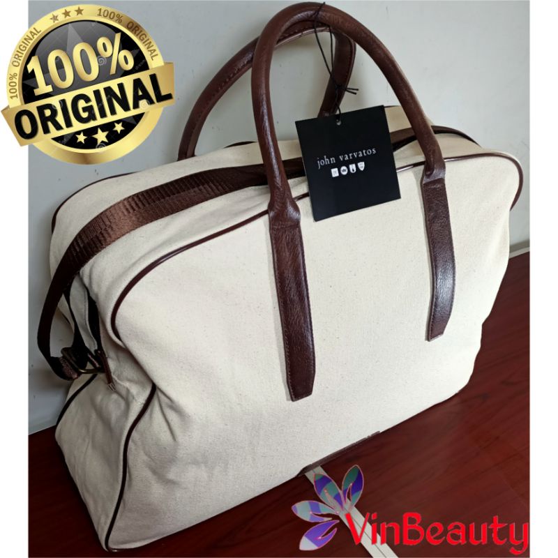 ORIGINAL DUFFLE BAG JOHN VARVATOS CREAM LIST BROWN / TRAVEL BAG / TAS SELEMPANG