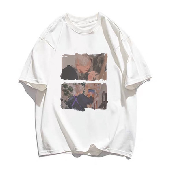 [100%  Katun]baju kaos wanita lengan pendek vintage oversize pattern printed T-shirt import kekinian kaos cream