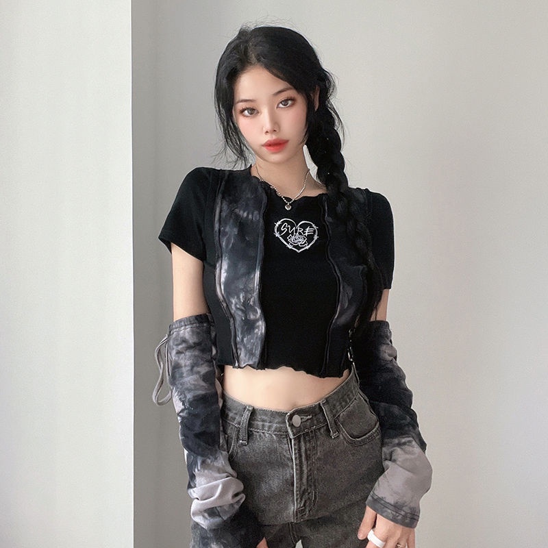 ✜✿Suhao 2022 Fashion Tampan Trendi Keren Tie-Dye T-shirt Wanita Lengan Lengan Rasa Desain Garis Pemisah Slim Fit kayu Sisi Telinga Jaket