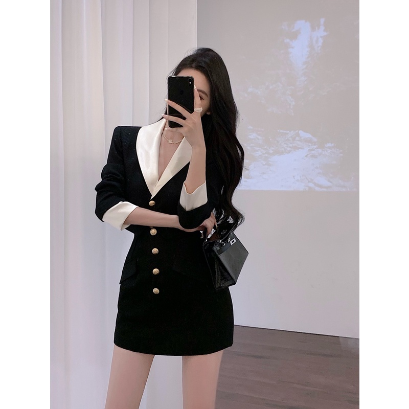 ❏♚☬Suhao Korea jahitan kasual lengan panjang jaket wanita awal musim gugur hitam v-neck slim-fit temperamen high-end short cardigan top