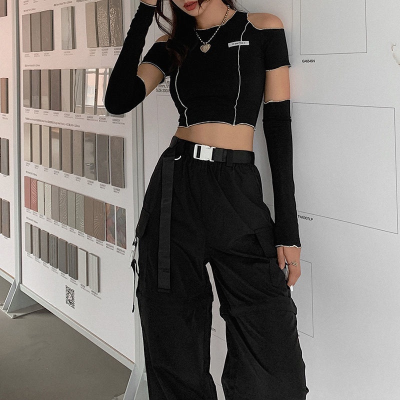◇♧Suhao INS net merah street shooting rasa desain strapless leher bulat berongga lengan panjang top wanita musim panas tampan pendek slim bottoming T-shirt