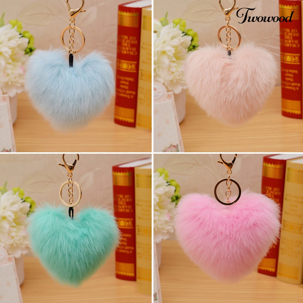 Twowood 10 cm Lucu Faux Fur Ball Pompom Bentuk Hati Gantungan Kunci Ponsel Mobil Handbag Key Ring