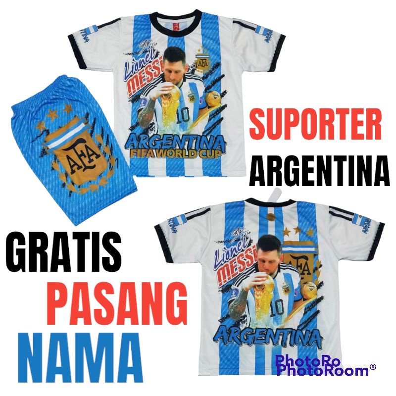 SETELAN BAJU BOLA ARGENTINA PIALA DUNIA QATAR 2022UMUR 5-12THN GRATIS SABLON NAMA