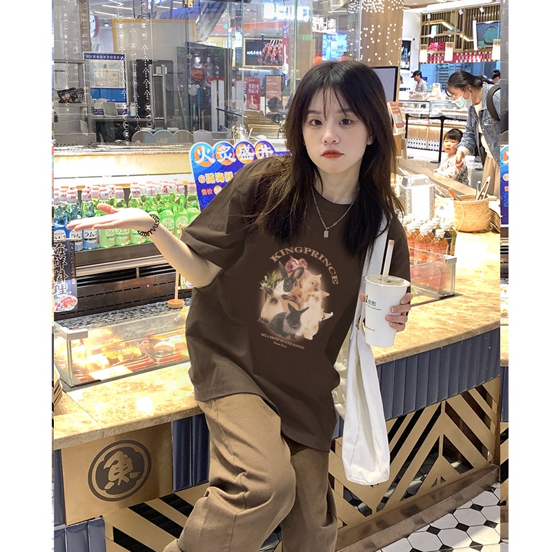 atasan wanita lengan pendek american retro oversize letter rabbit graphic print T-shirt kekinian kaos cream