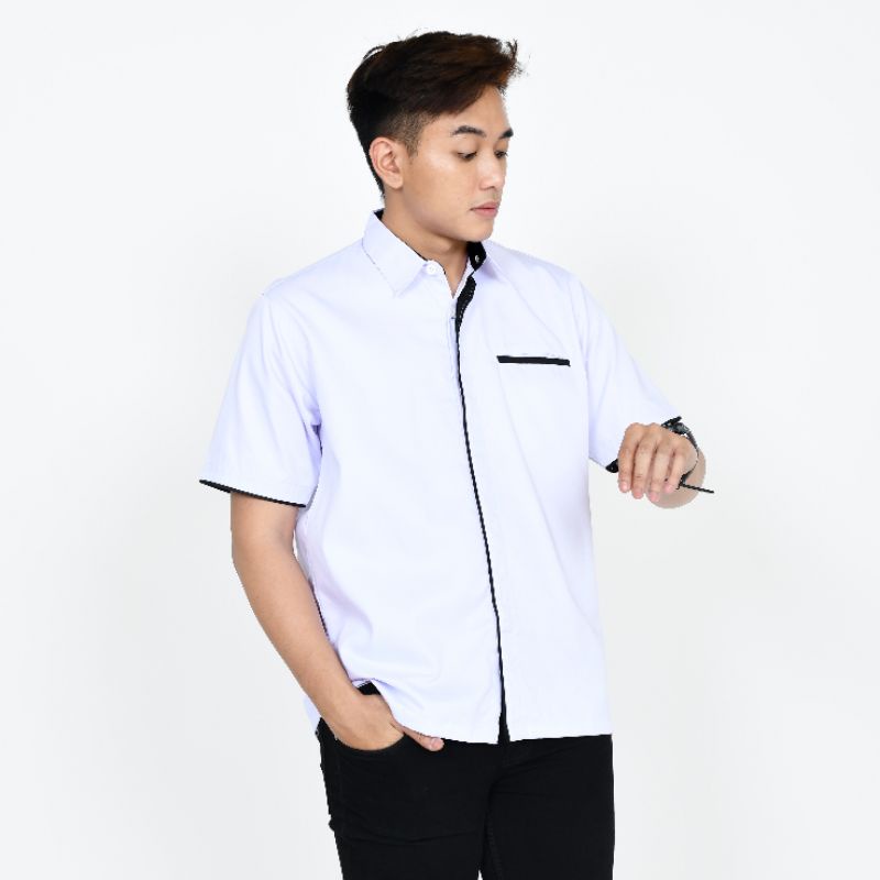 grosir baju putih kantor/Baju putih custom bordir/baju kerja warna putih tangan pendek dan panjang/kemeja putih kantor/kemeja karyawan warna putih tambah bordir