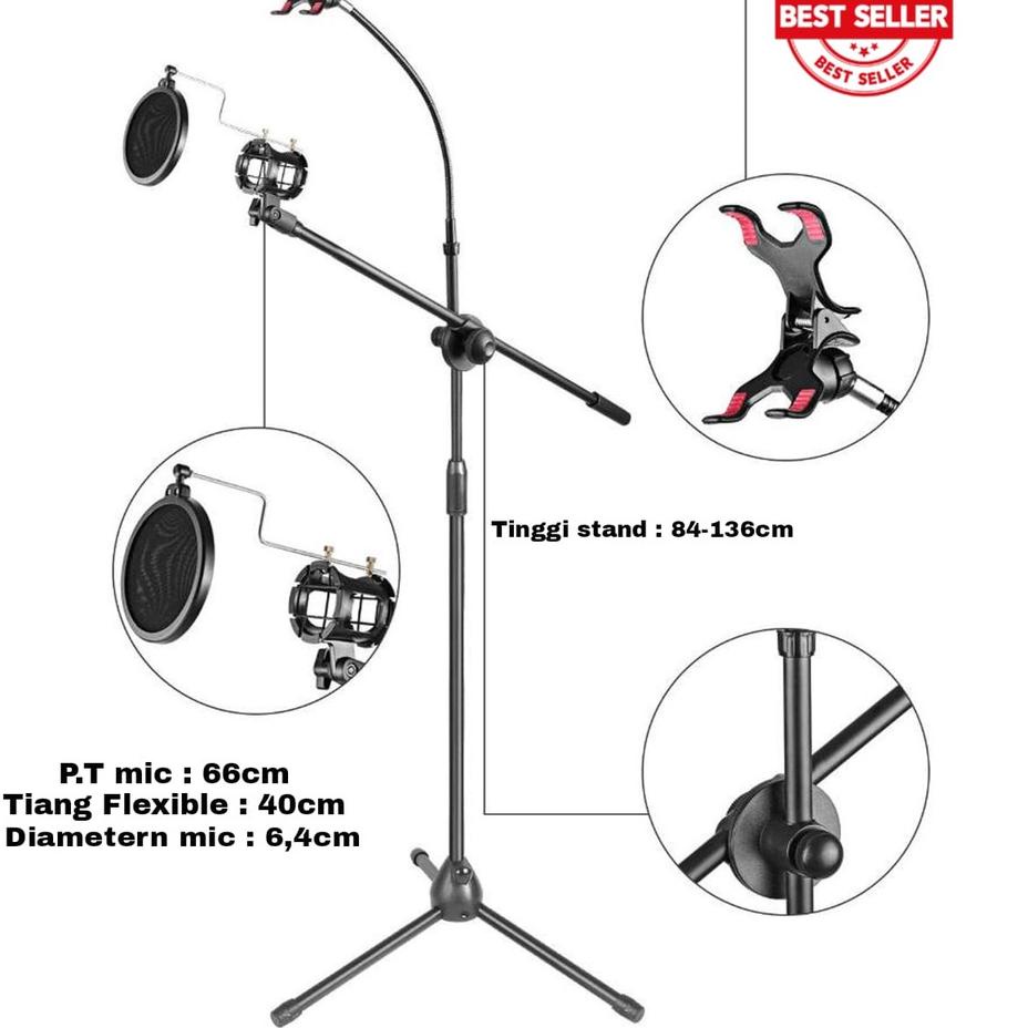 New Stock [ALAT STUDIO] - Tripod Stand Mic Microphone Dengan Holder hp Smartphone 360 Degree Recordi