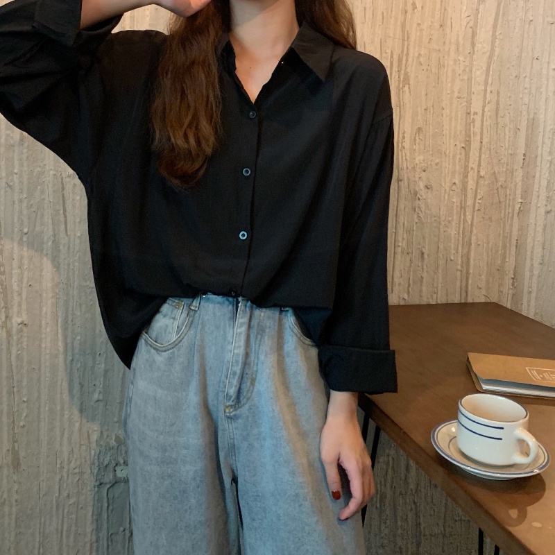 yikoo-L-4XL Oversize kemeja korea shirt warna solid casual blouse wanita satu saku