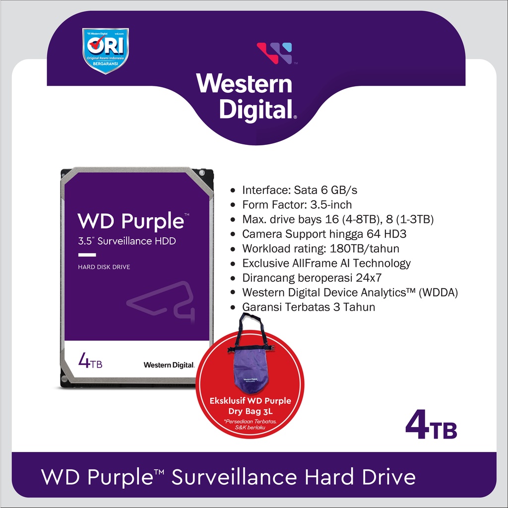 WD Purple 3.5&quot; 4TB Surveillance Internal HardDisk Untuk CCTV