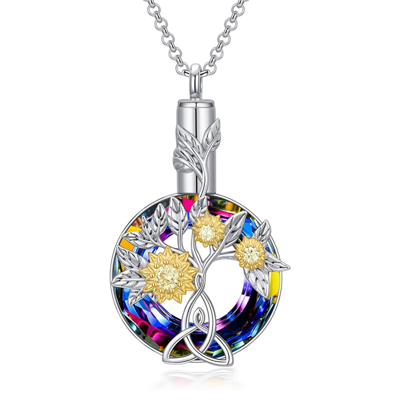 Kalung Guci Bunga Matahari Untuk Abu Sterling Silver Sunflower Cremation Necklace Dengan Volcano Crystal Memorial Cremation Jewelry