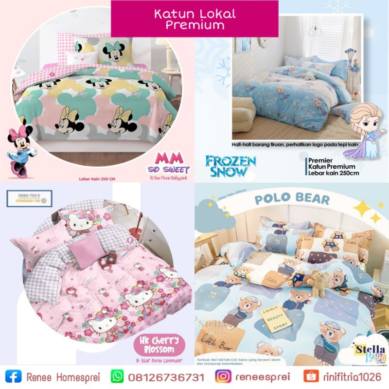 Reneesprei Promo Sprei Katun Lokal Star Premium Motif MM So Sweet Frozen Snow HK Cherry Blossom Polo
