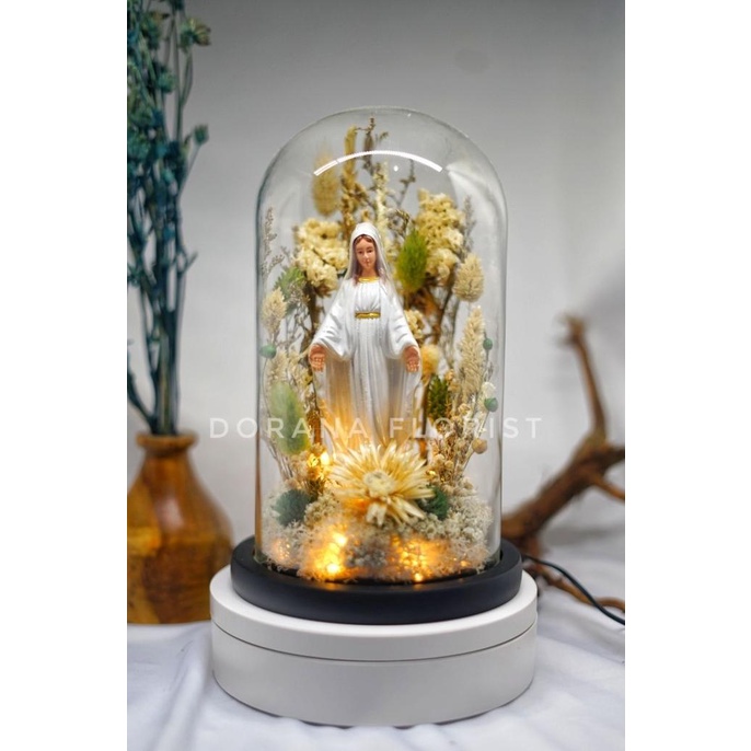 Flower Glass Dome Spesial Natal Bunda Maria Built in LED 12 x 22 cm