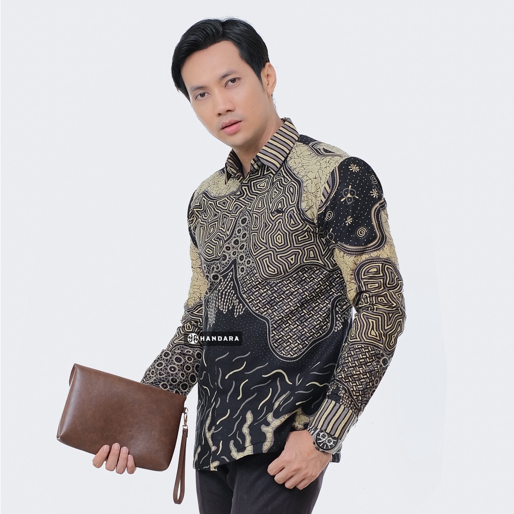 Baju Kemeja Batik Pria Lengan Panjang Slim Fit Premium Modern Full Furing Katun Halus Original Handara Motif Horizon Hitam Kuning HB-296