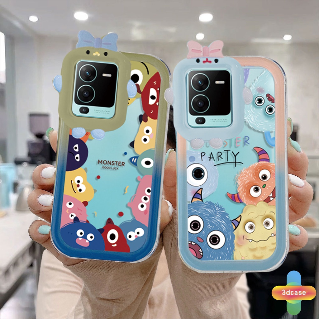 Case Kartun Lucu VIVO Y12S Y12 Y20 Y15S V23E Y16 V21 Y21A Y21T Y30 Y35 Y21S Y20S Y12i Y33T Y01 Y22S Y30i Y93 Y95 Y15 Y17 T1 Y55 Y75 Y50 Y53S Y51 2020 Y51A Y10 Y33S Y1S Y11 Y31 Y20i Y91i Y51S Y20G Y02S Y21G 3D Busur Monster Kecil Lensa Soft Case