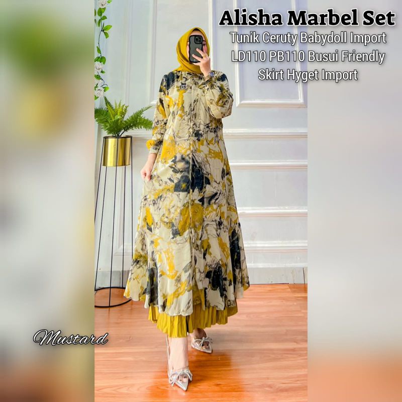 Baju Setelan Wanita Muslim Alisha Marbel Set Rok Fashion Perempuan Dewasa Remaja Cewek Putri Ibu Ker