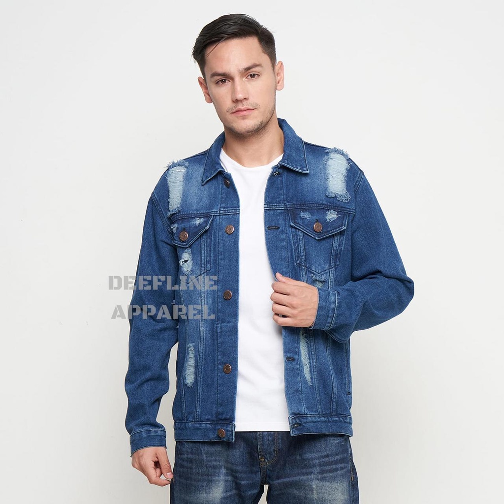 DEEFLINE - Jaket Jeans - Jaket Denim Pria - Jaket Ripped - Dark Blue