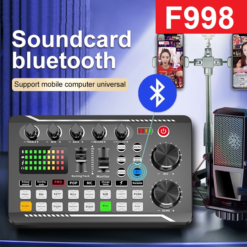 F998 SoundCard Sound Card Microphone Audio Broadcast Interface Mixer Mixing Console Amplifier Phone PC-Live Bluetooth USB External