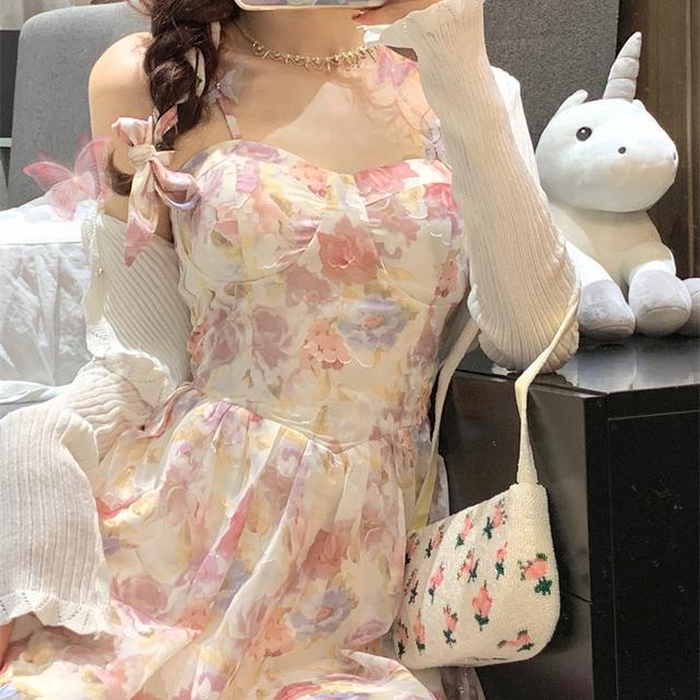 Suhao one-piece suit versi ins super fairy pink floral sling dress wanita pinggang musim panas rok A-line pelangsing