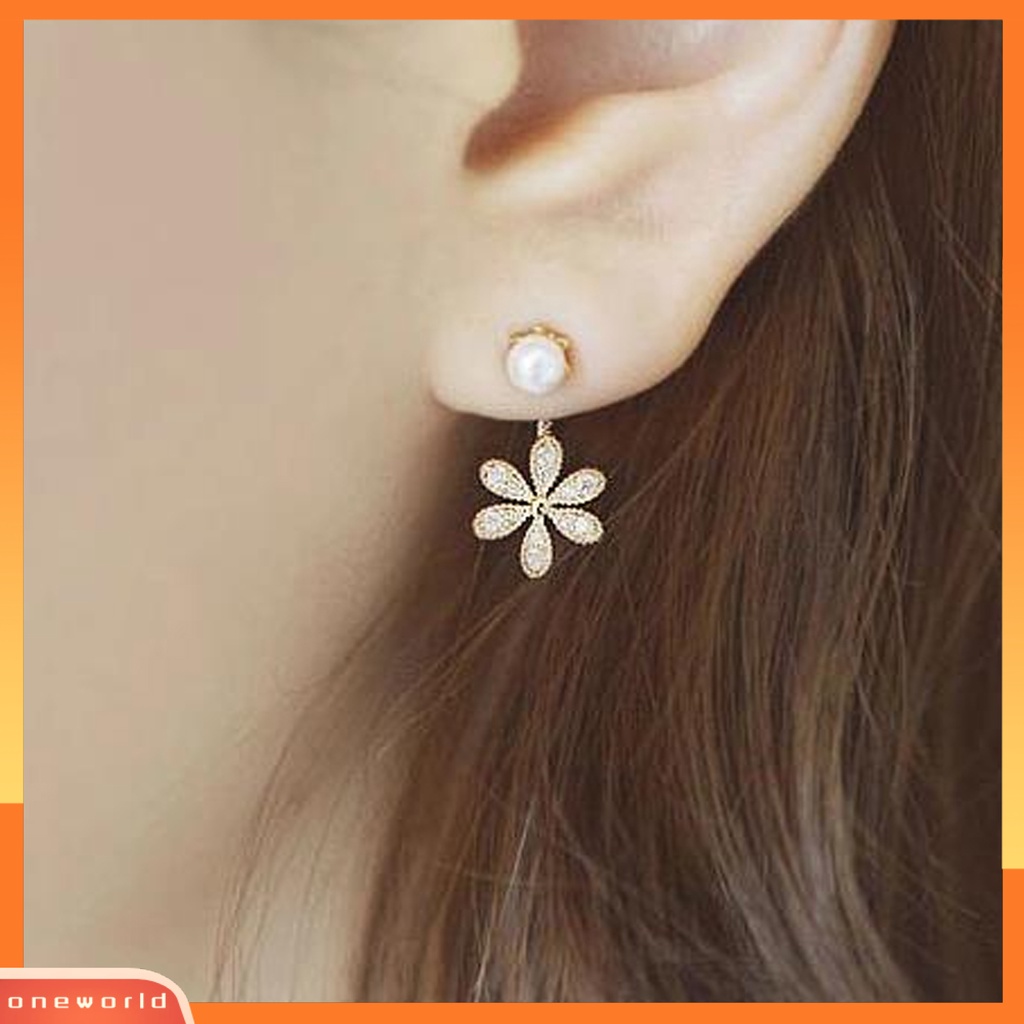 [WONE] Anting Wanita Manis Lima Daun Bunga Berlian Imitasi Mutiara Ear Studs Untuk Pernikahan