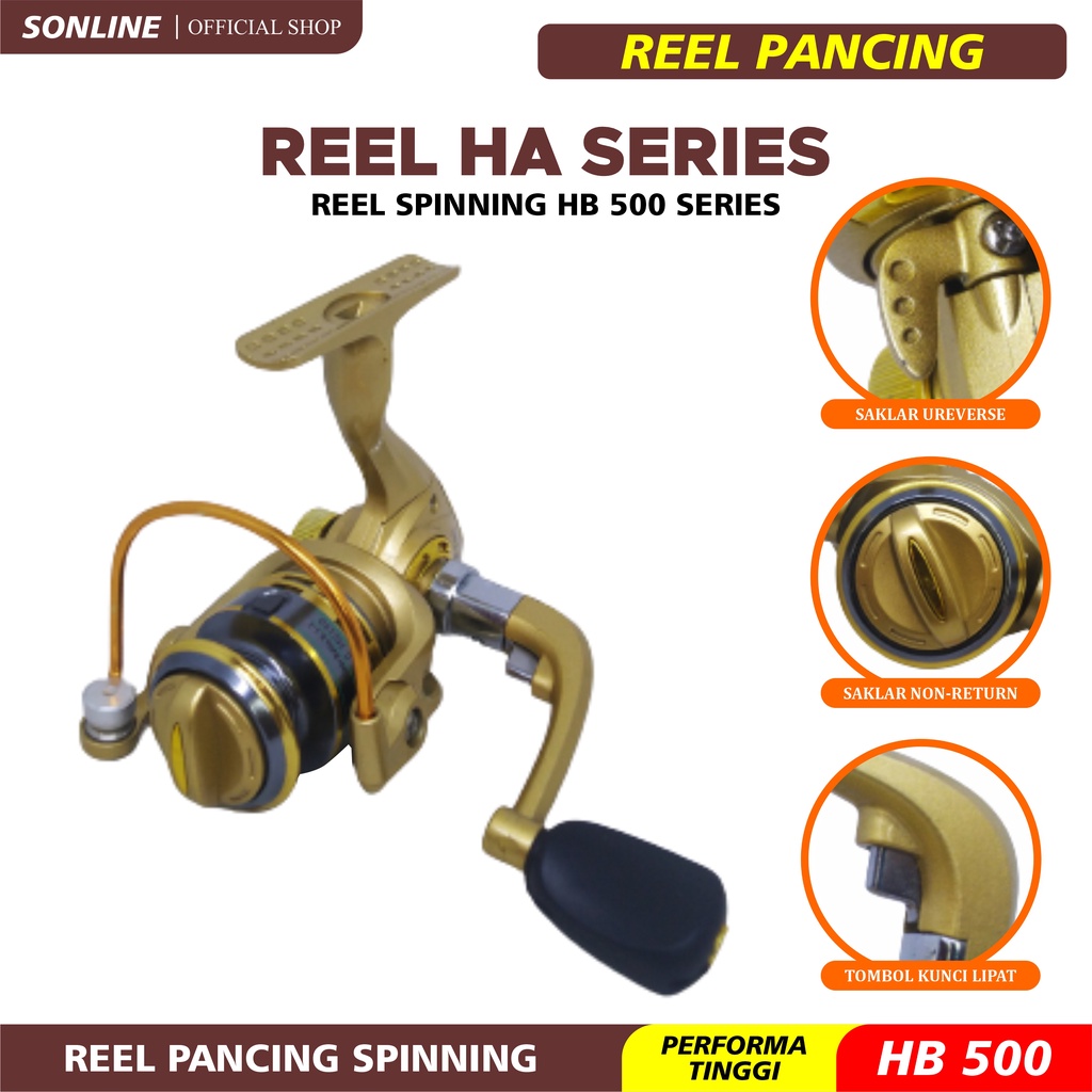 SONLINE Reel Pancing Laut Mini 500 Series Reel Pancing Warna Gold Reel Metal Reel Pancing Laut Reel HB500