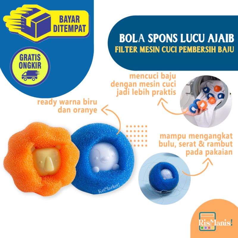 MAGIC LAUNDRY SPONGE BALL - 1 pcs Bola Ajaib Lucu Spons Pencuci Baju Penghilang Noda Pakaian Efektif Pengangkat Helai Rambut Spon Penyerap Benang Bulu Halus Serat Filter Penyaring Cucian Mesin Cuci