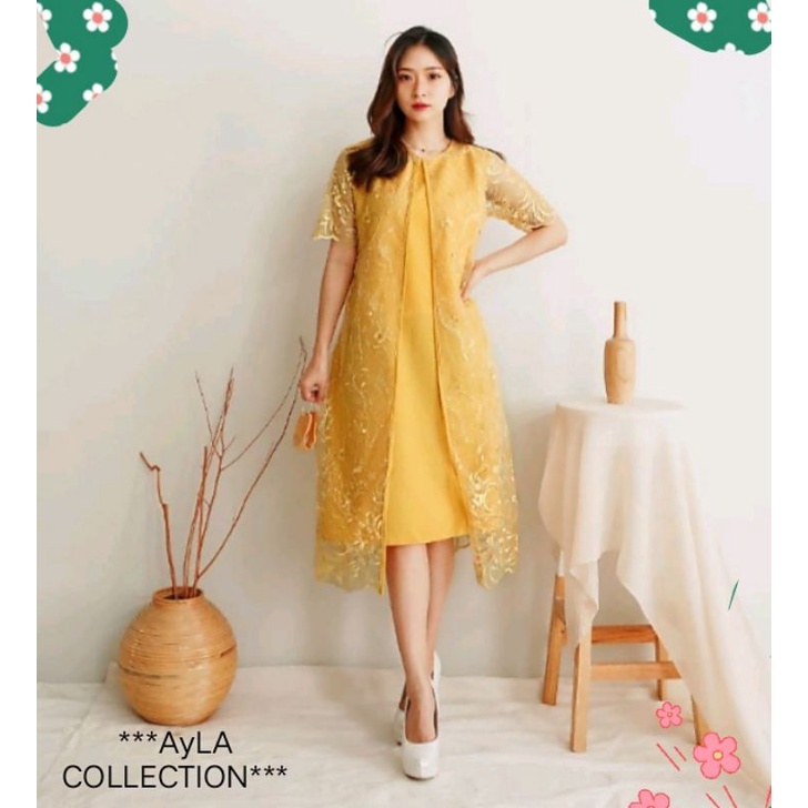 Dres Midi Kebaya Pesta Brukat Tile/Dres Pesta Kondangan Wanita Moderen