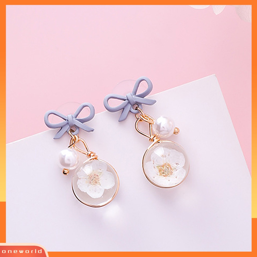 [WONE] Women Bow Cherry Blossom Flower Bola Kaca Menjuntai Ear Drop Earrings Perhiasan Hadiah