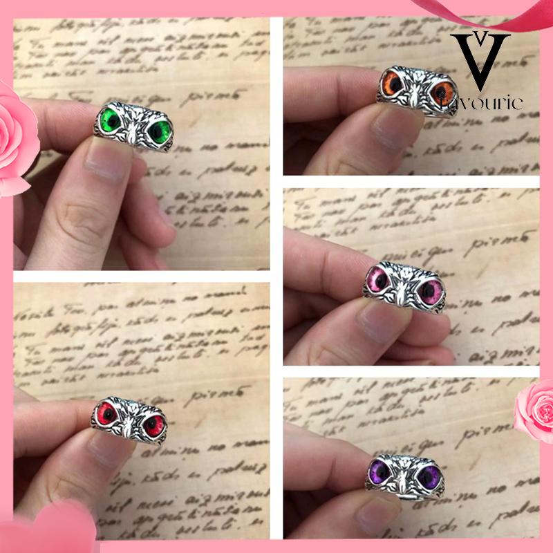 CODKristal Vintage Style Burung Hantu Cincin Perak 925 Pria Wanita Punk Crystal Rings Adjustable Size-FA