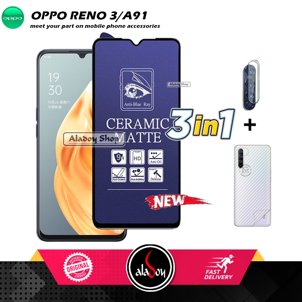 PAKET 3IN1 Anti Gores Blue Matte Anti Glare Oppo Reno 3/A91 + Tempered Glass Camera dan Skin Carbon