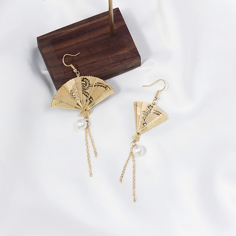 Fancyqube Gaya Cina Kipas Lipat Pemodelan Gantung Menjuntai Anting Wanita Mode Sederhana Mencegah Alergi Kait Telinga Indah