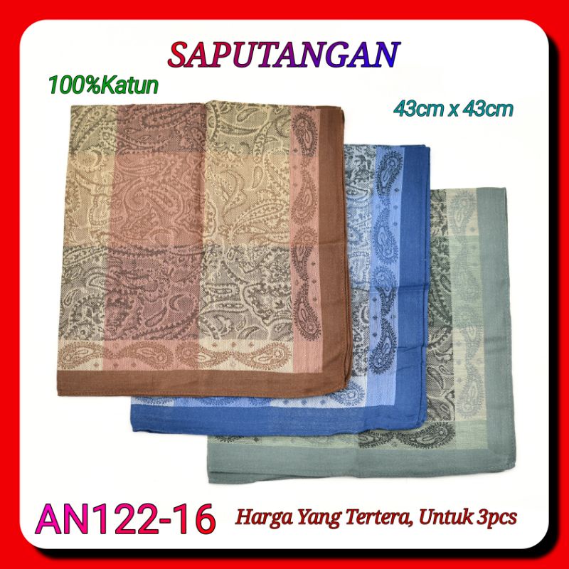 3pcs Sapu Tangan AN122 43cm x 43cm Katun Import