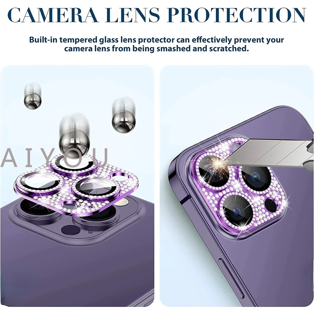 Bling Pelindung Kamera Kaca Metal Berlian Untuk iPhone 14 Pro Max14Plus 14Pro 13 12 11 Glitter Lens Screen Protector Full Cover Pelindung Film