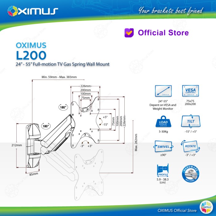 Bracket TV Wall Gas Spring Naik Turun Swivel 24&quot; - 55&quot; OXIMUS L200