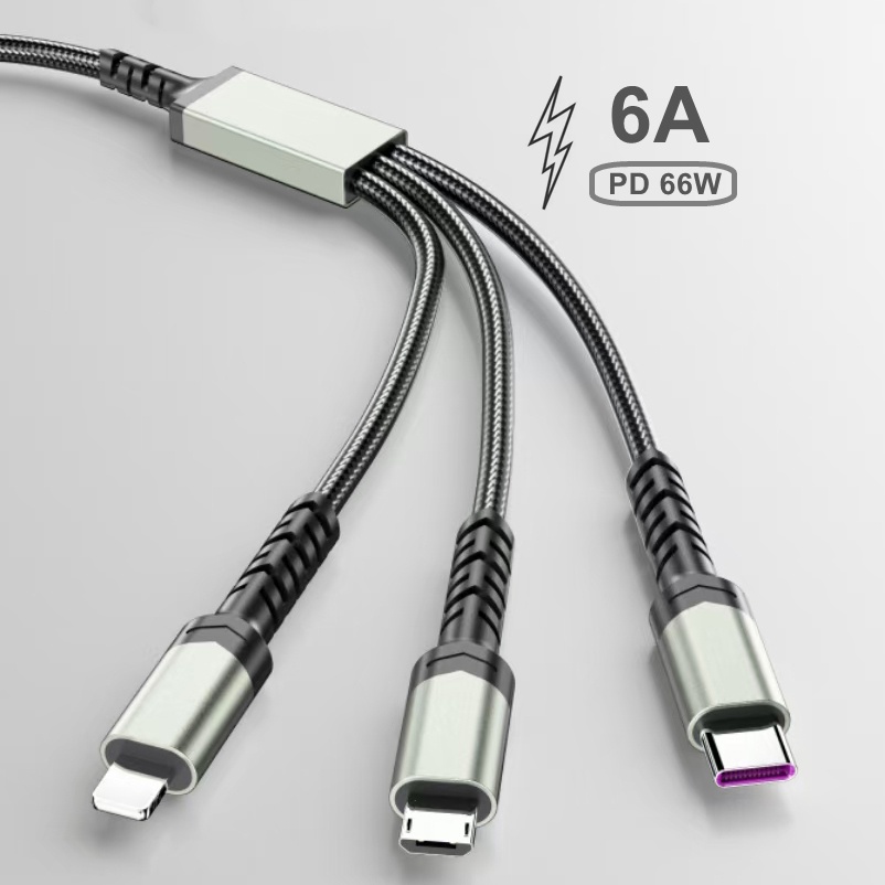 3in1 66W High-Power Braided Fast Charging Cable Micro USB 6A Flash Charger Cord Sepenuhnya Kompatibel Kabel Data Pintar Untuk i-phone Tipe C Android