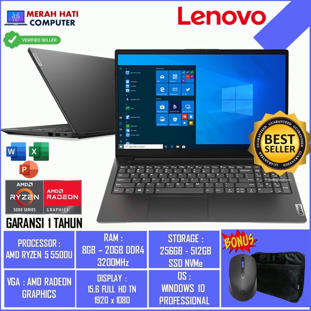 LAPTOP GAMING LENOVO IDEAPAD V15 AMD RYZEN 5500U RAM 16GB 512GB SSD FHD RADEON WIN11 Original Terlaris