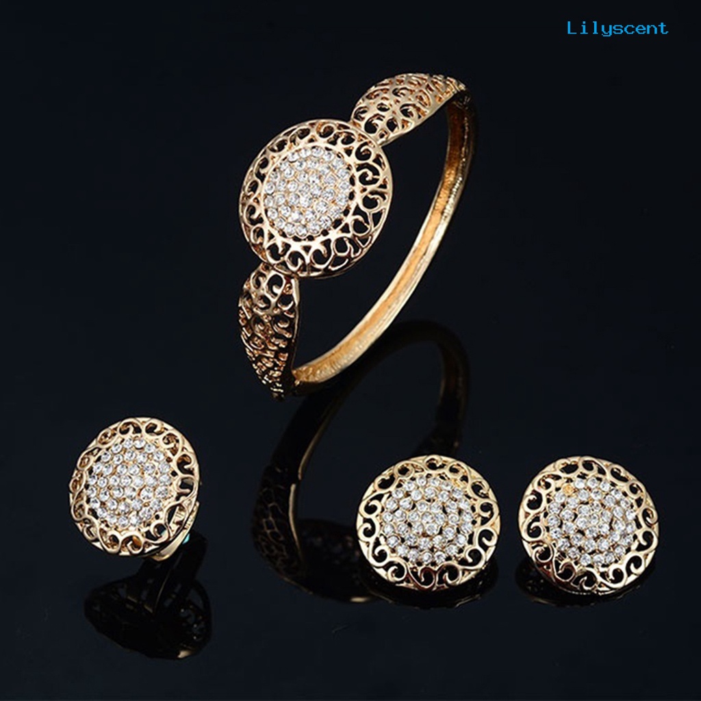 [LS] 4pcs/set Perhiasan Set Hollow Bulat Liontin Berlian Imitasi Dekorasi Alloy Wanita Fashion Perhiasan Set Untuk Hadiah