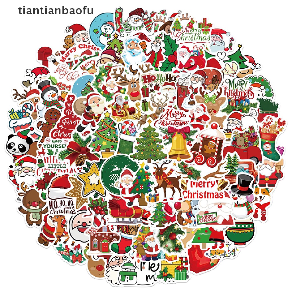 [tiantianbaofu] 100 Pcs Tahun Baru Merry Christmas Stiker Rusa Santa Claus Snowman Anak Hadiah Butik