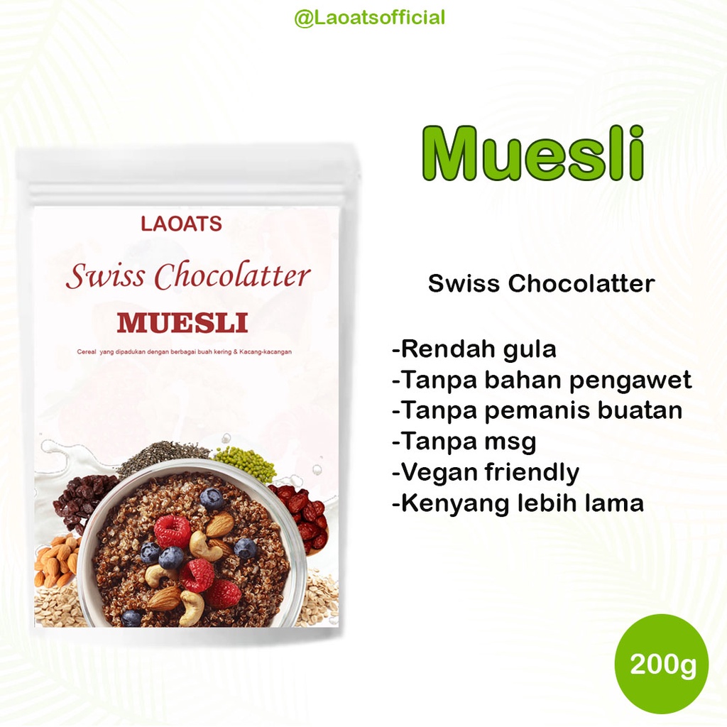 

Muesli Dried Fruit Chia Seed Oatmeal Kismis Makanan Diet Sehat Sereal Diet Rolled Oats Oat Milk Laoats Swiss Chocolatter (200g)