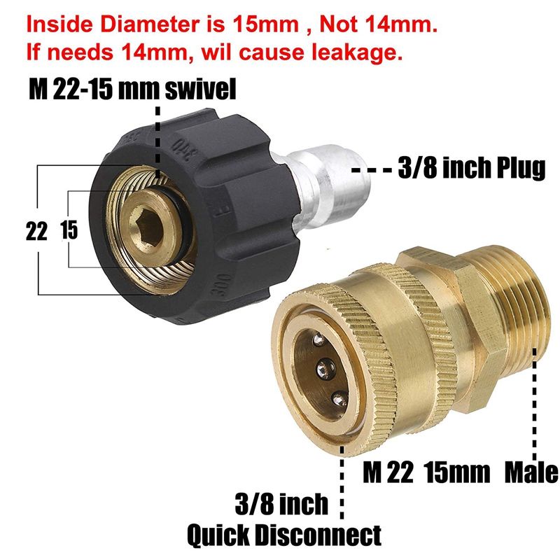 Quick Connect Kit Brass M22 15mm Female Swivel Dan M22 Male Fitting Pressure Washer Adapter Set