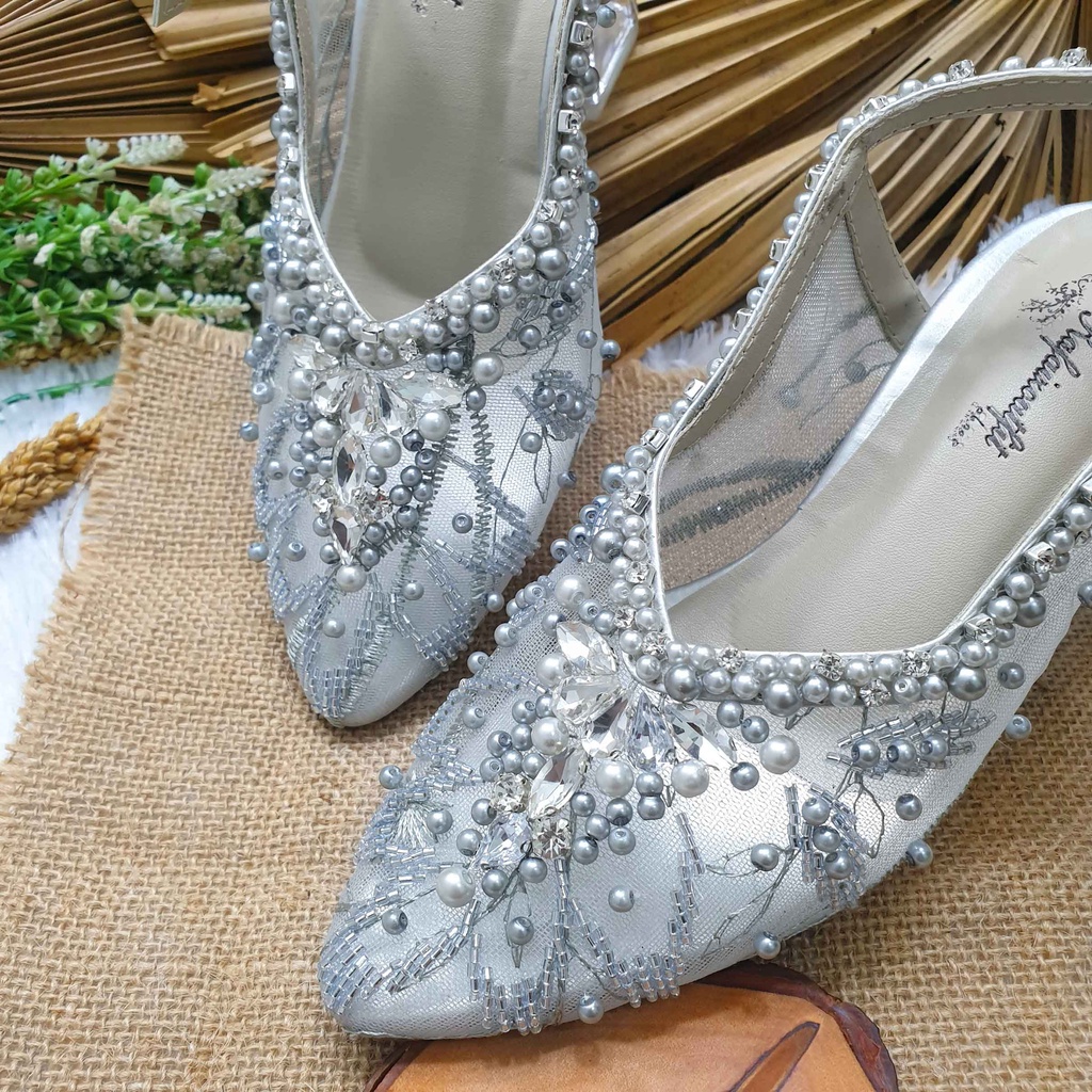 sepatu wedding pesta cantik kilena silver hak 7cm kaca