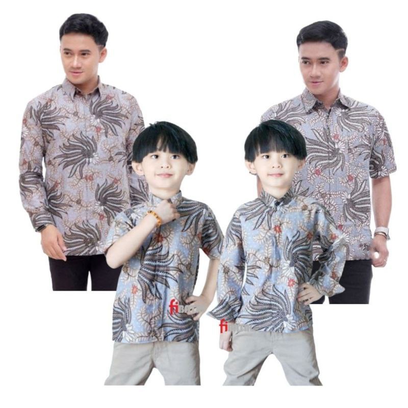 Batik Pria Couple Batik Ayah dan Anak Laki Laki Kemeja Batik Anak Cowok Motif Kobis Warna Abu Abu muda Silver