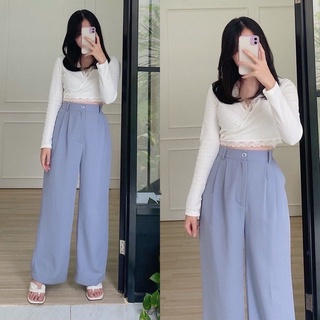 LOOSE PANTS TROUSERS CELANA ANTI KUSUT WANITA CELANA KULOT WANITA CELANA KANTOR FORMAL CELANA KERJA WANITA-DENIM BLUE