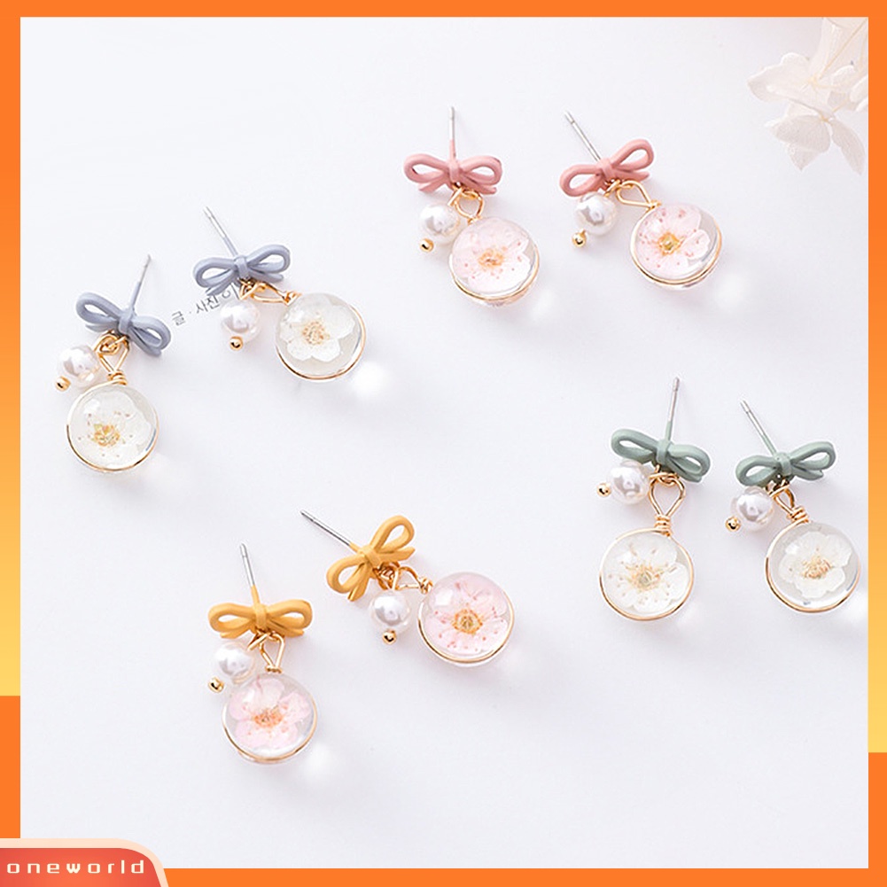 [WONE] Women Bow Cherry Blossom Flower Bola Kaca Menjuntai Ear Drop Earrings Perhiasan Hadiah