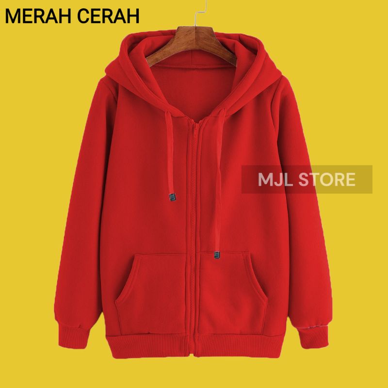 (promo) Jaket zipper hoodie polos L,XL,XXL merah cerah pria wanita hoodie mjl store