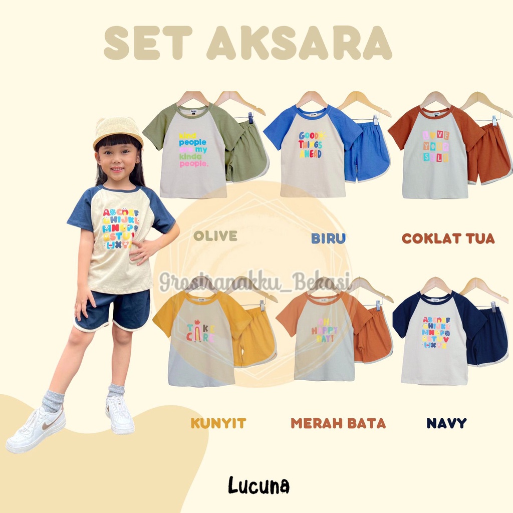 Setelan Anak Cewek Aksara Lucuna Mix Warna Size 1-5 THN